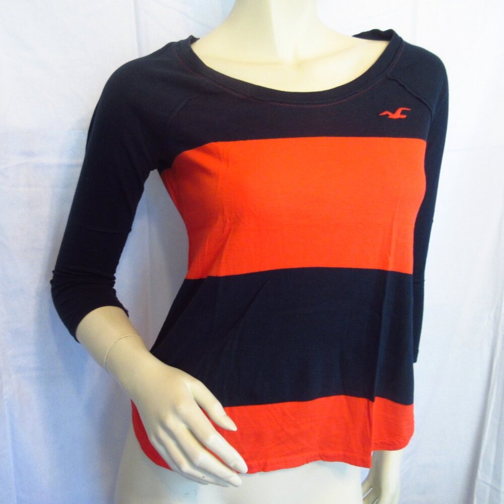 Y2K Vintage Hollister Orange Navy Striped Top Color Block Preppy Academia Casual